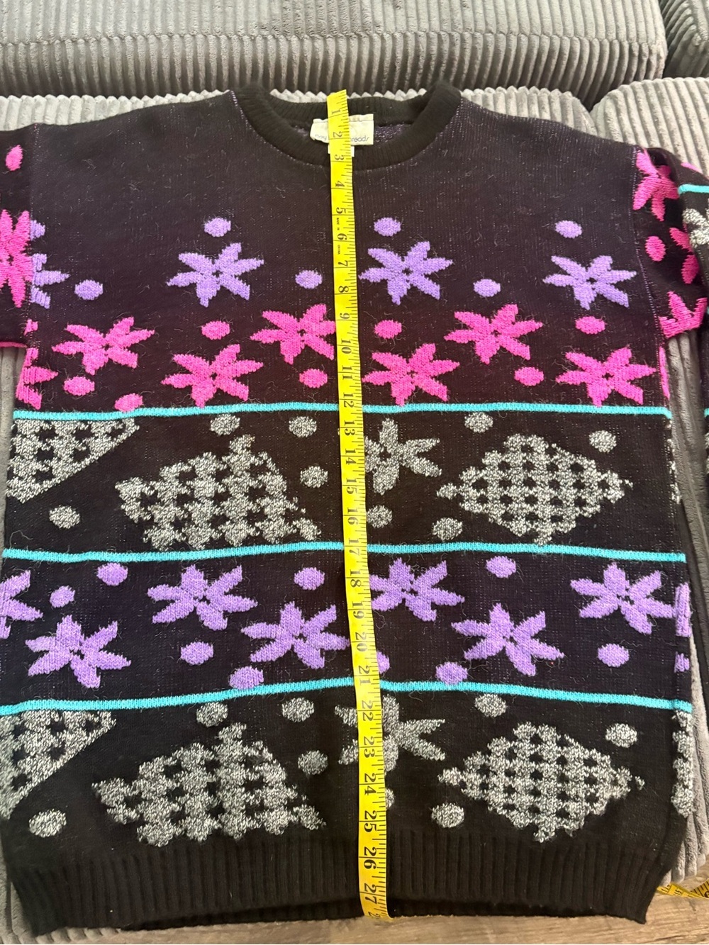 Black Crewneck Sweater with Pink & Lilac holiday Pattern - Picture 6 of 7